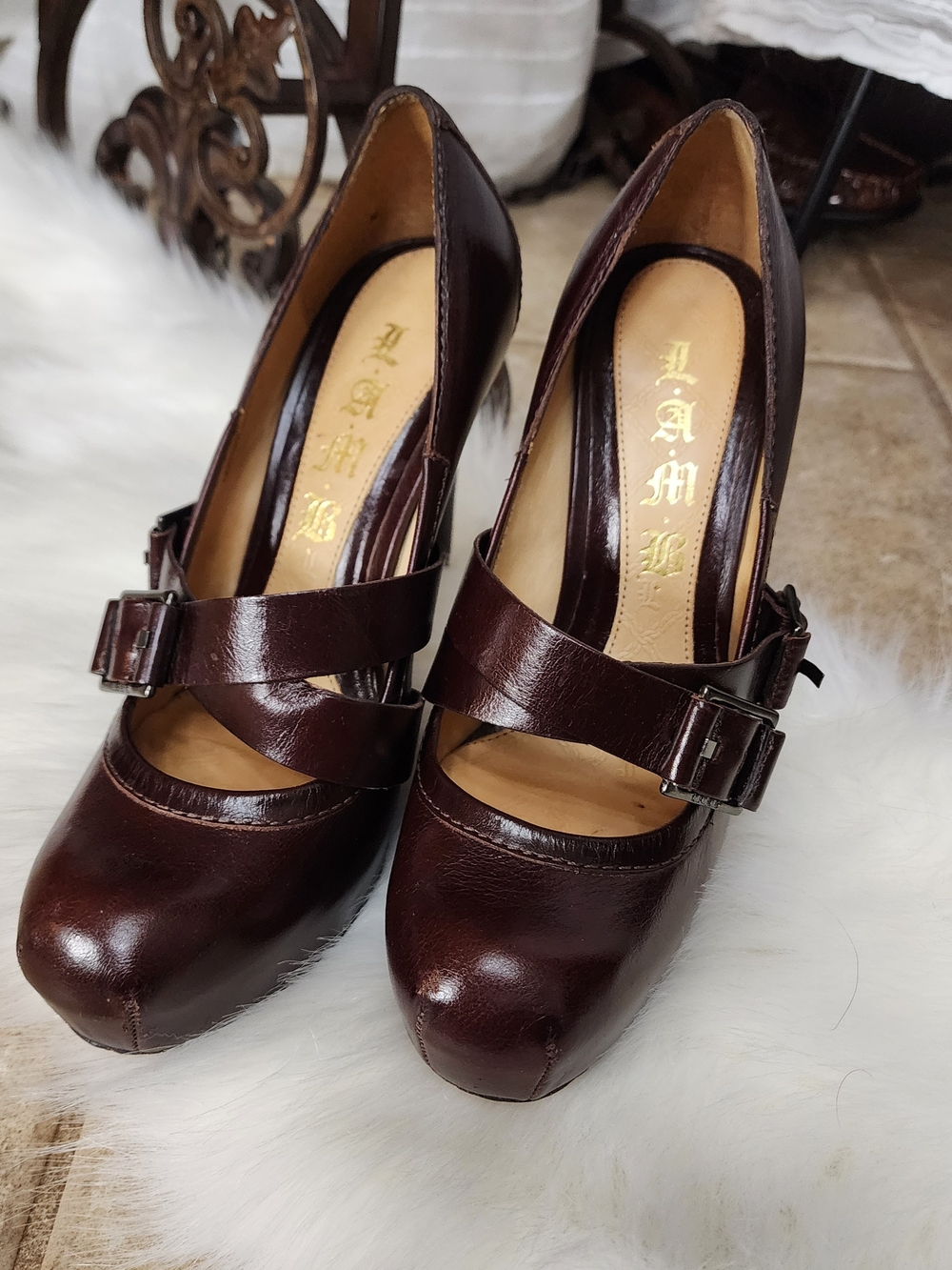 L.A.M.B. Brown Double-Strap Mary Jane Heels